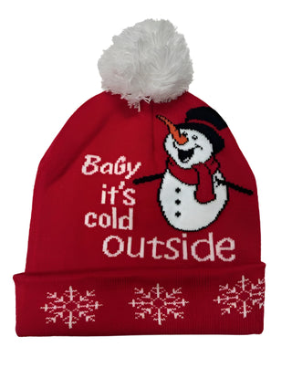 "It's Cold Outside" Snowman Pom-Pom Snowflake Beanie